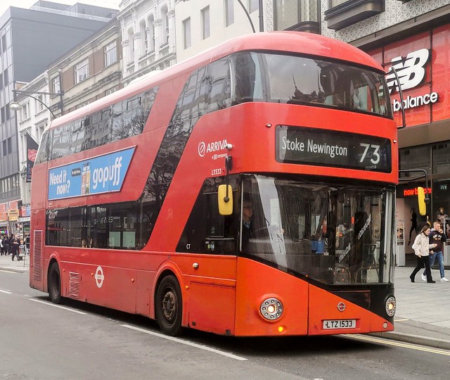 Arriva London LT533 is heading along Oxford Street while on route 73 to Stoke Newington. - LTZ 1533 - 17th February 2022