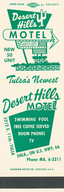 Desert Hills Motel Matchbook, Route 66, Tusla, OK