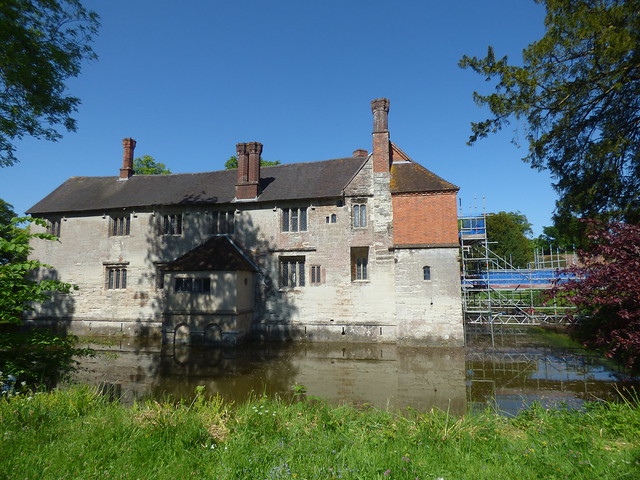 Scaffolding over the moat to Baddesley Clinton house
