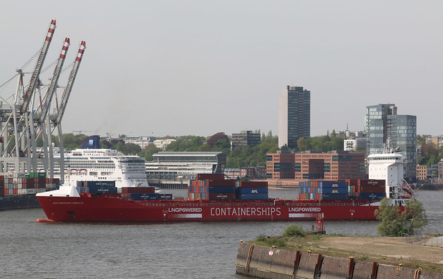 9th May 2023. Containerships Borealis on the Elbe River. Aboard Queen Mary 2 at Hamburg, Germany