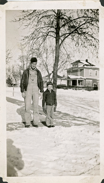 Man & Boy Standing in Snow, c. 1950