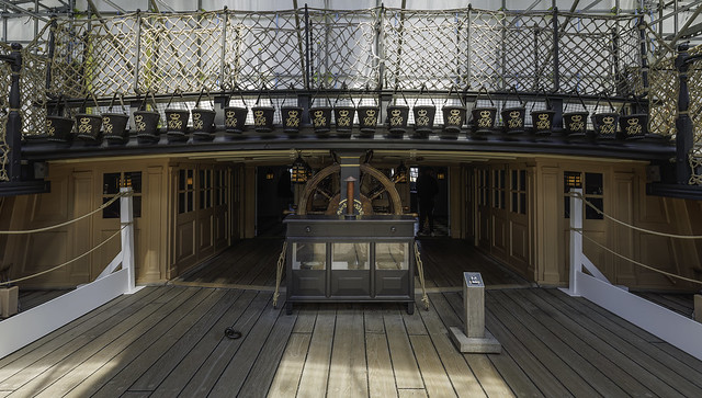 HMS Victory ship's wheel and hammock cranes