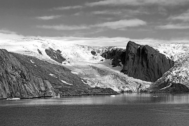 Snow-capped mountains and a glacier alongside Prince Christian Sound, Greenland (EXPLORED)