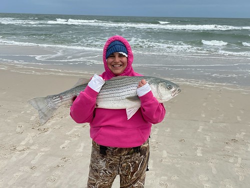 Photo of woman on a beach holding a large striped bass
