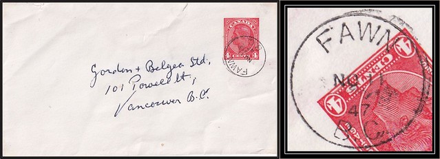 British Columbia / B.C. Postal History - 11 November 1947 - FAWN, B.C. (cds cancel / postmark) to Vancouver, B.C.