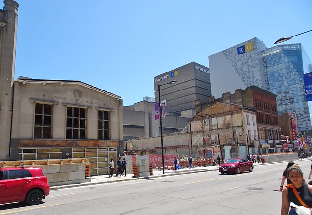 Yonge St. south of Gerrard, demolition of buildings, some being historic, 2019