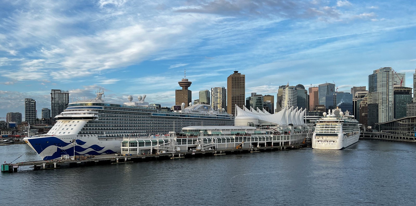 Discovery Princess and Brillance of the Seas ahead of us docked at Canada Place