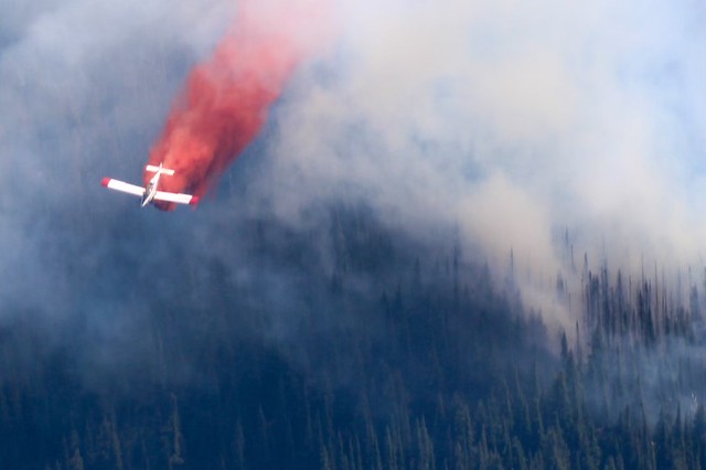Single Engine Air Tanker dropping retardant, West Lolo Complex Fires, July 7, 2021