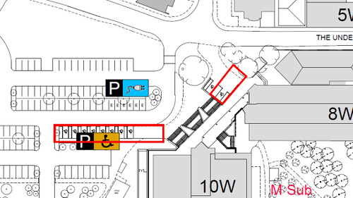 8 west accessible parking spaces and west car park accessible parking spaces highlighted in red to show which areas will be cordoned off