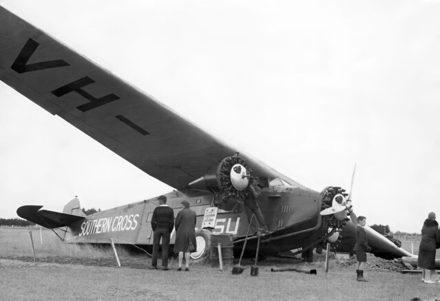 1933 Southern Cross after it ran into a soft spot on the airfield at Milson Aerodrome, Palmerston North, 8 Feb 1933.