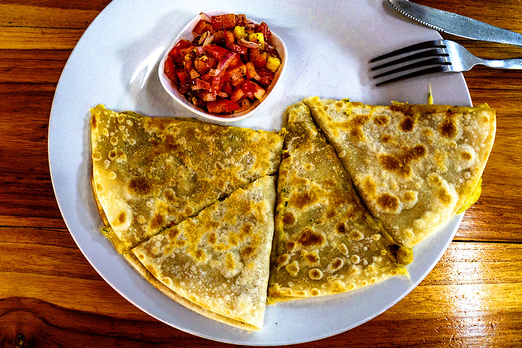 Quesadillas with white beans, cheddar cheese, kale and salsa at Vida Bakery Cafe on 6-2-23--Pakse copy