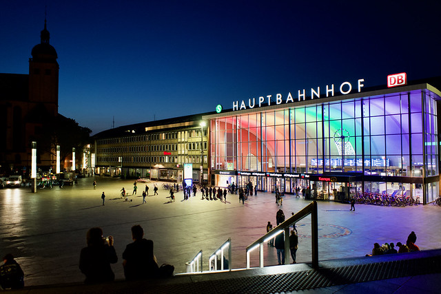Cologne Train Station at night with pride month illumination
