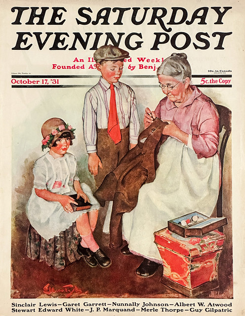 “Mending His Jacket” by Ellen Pyle on the cover of “The Saturday Evening Post,” October 17, 1931.