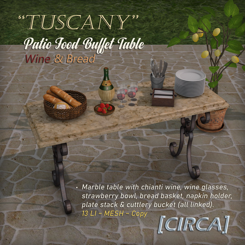 [CIRCA] – Tuscany – Patio Food Buffet Table – Wine & Bread