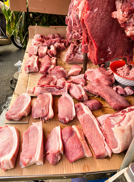 Raw pork meat at local market