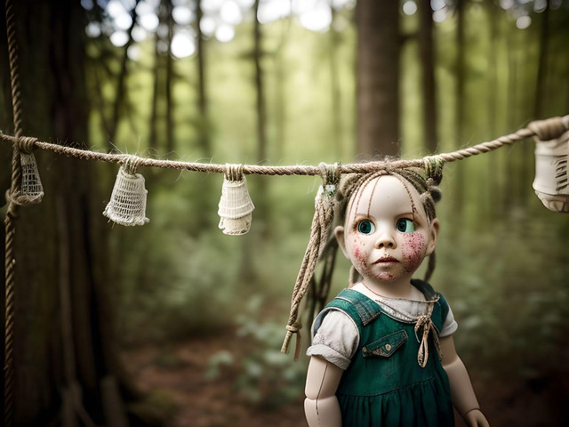 Creepy doll in a forest setting