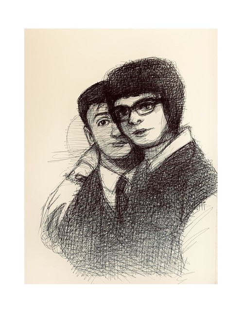 Me and the wife in 1963. Ballpoint pen only drawing by jmsw on thick card.