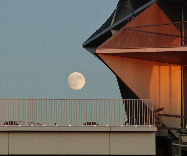 Full moon rises over apartment block