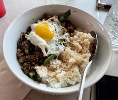 Pad kra Pow Thai minced beef with chili, garlic, and basil stir fry, comes with rice and a fried sunny egg