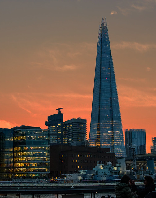 The Shard at night with an orange sky