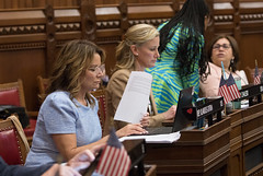 State Rep. Nicole Klarides-Ditria works on bills on the penultimate day of the 2023 legislative session in the House of Representatives.