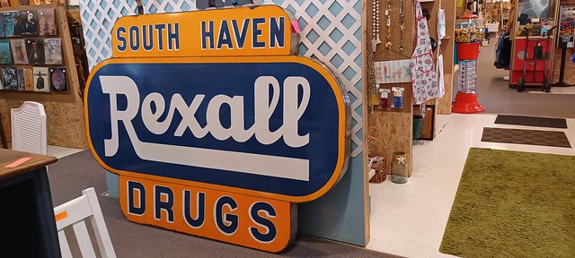 Old Porcelain South Haven, Michigan Rexall Drugs Sign - M43 Mercantile Antique Mall