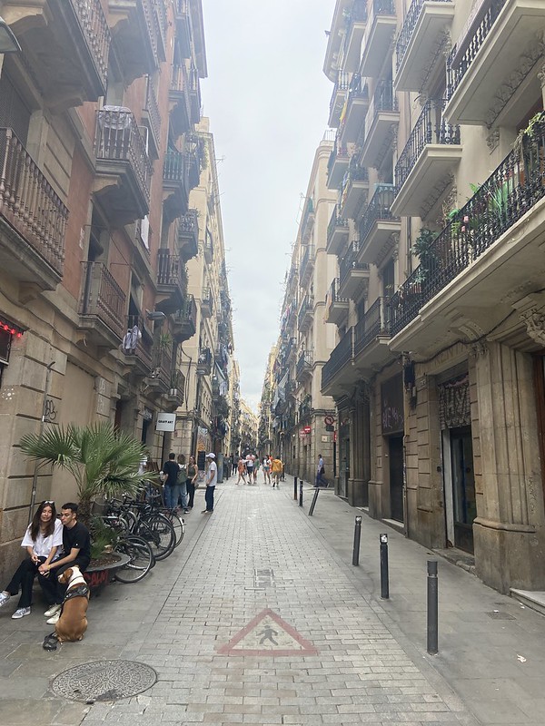 Alley street view of balconies and buildings in Barcelona