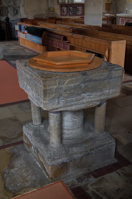 873-20220821_Steeple Langford Church-Wiltshire-Nave, W end-12th cent Norman Font of Purbeck marble