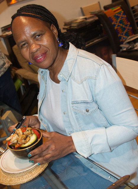 DSC_1097a Ditshupo aka Dee Beautiful Nurse from Botswana in Denim Blue Jacket Eating a Delicious Prawn Cocktail with Salad Shoreditch London