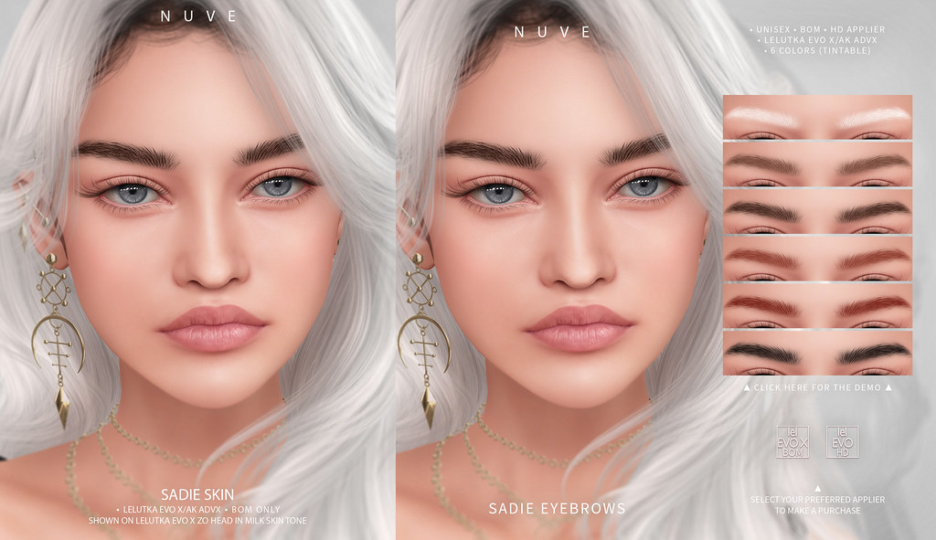 Sadie skin and Eyebrows – Lelutka Evo X/AK ADVX, 33 Skin tones (Nuve&Velour)