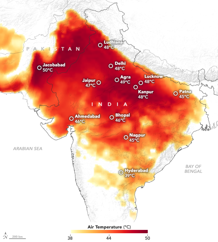 工業革命前，全球每年發生熱浪的機率是1/10，現在則暴增近3倍。圖為2019年印度熱浪觀測圖。圖片來源：Wikipedia （CC BY-SA 4.0）