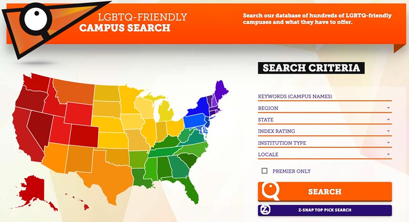 Screenshot of the Campus Pride index search database. The is a map of the United States in rainbow colors on the left, and search criteria on the right. Clicking on the photo will link to the Campus Pride Index page.