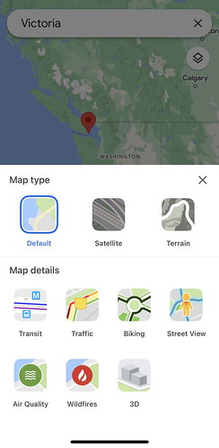 Google Maps Victoria showing Air Quality and Wildfires layers