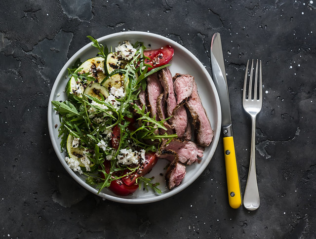 lunch today - grilled zucchini, tomatoes, arugula, feta salad and steak...
