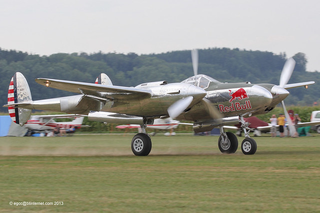 N25Y - 1944 build Lockheed P-38L Lightning, arriving at Tannheim during Tannkosh 2013