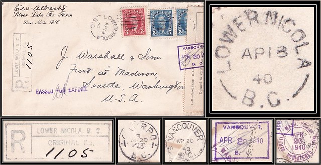 British Columbia / B.C. Postal History / WWII FECB Registered Cover - 18 / 20 April 1940 - LOWER NICOLA, B.C. (split ring / broken circle cancel / postmark) to Seattle, Washington, USA via RPO & Vancouver, B.C.