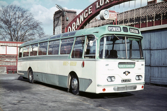 Grey Green Coaches ( George Ewer Group ) . London.  ALR457B . Orange Luxury Coaches Garage , Coldharbour Lane , Brixton , London . March-1971.