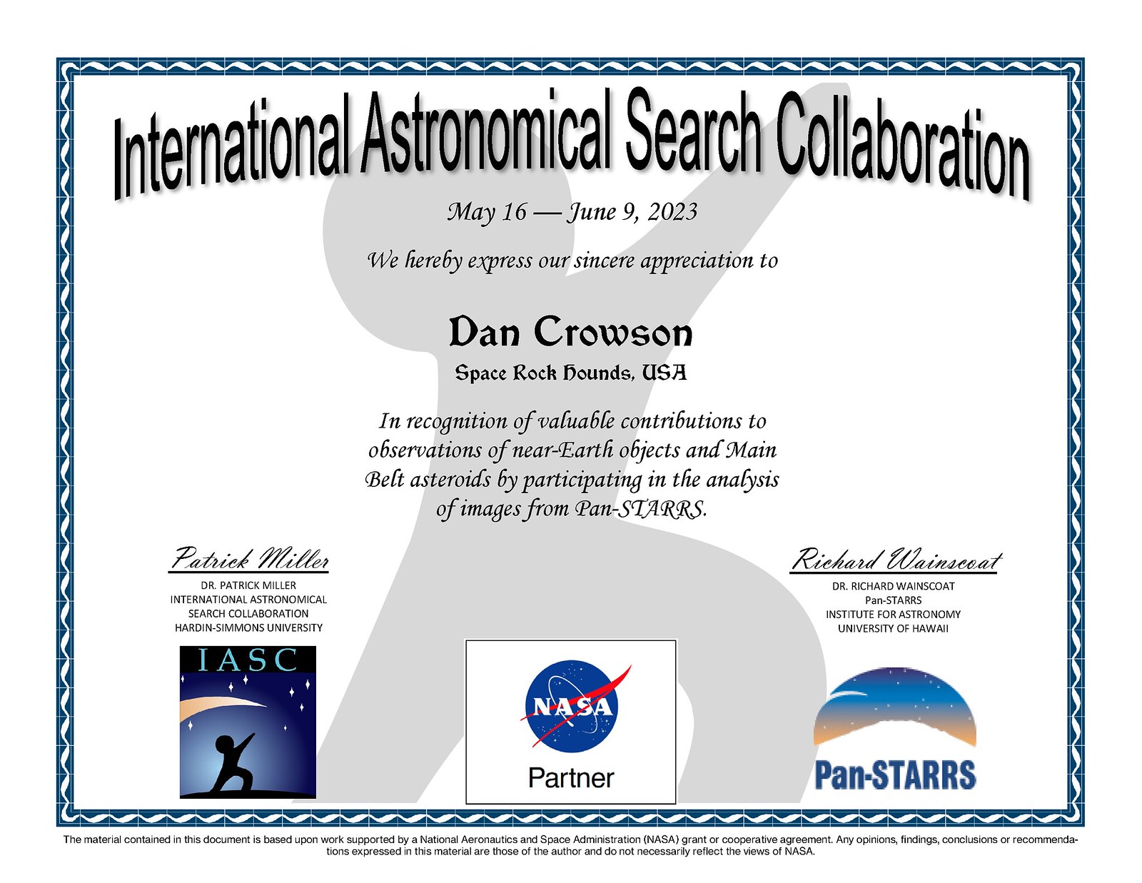 NASA International Astronomical Search Collaboration - May 16th - June 9th, 2023