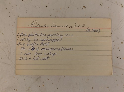 Recipe for Pistachio Dessert Salad from Hubbard, Minnesota Please attribute to Lorie Shaull if used elsewhere.
