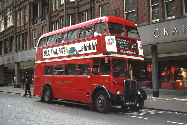 London Transport . RT4426 NXP780 . Croydon Town Centre , South London . Sunday afternoon 16th-August-1970.