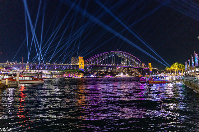 Last night's spectacular Harbour Bridge and surrounds in lights and laser beams for the final night of  VIVID - Festival of lights, music and ideas, Sydney, New South Wales, Australia (May/June 2023). It was a clear cool winter night
