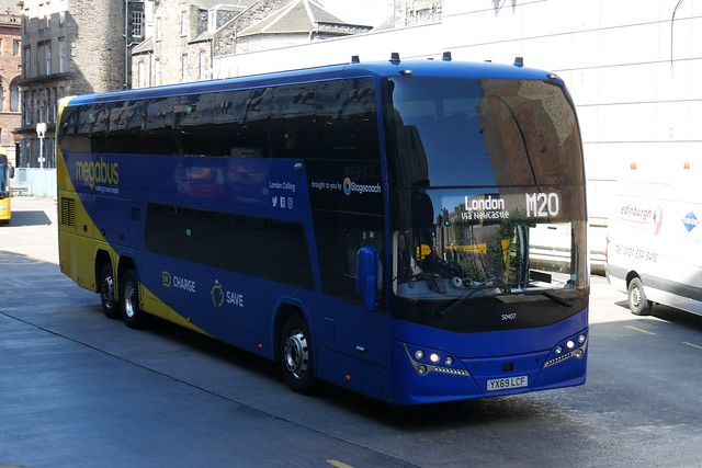 Stagecoach West Scotland Volvo B11RLET Plaxton Panorama YX69LCF 50407, new in October 2019, in Megabus branding and previously named 