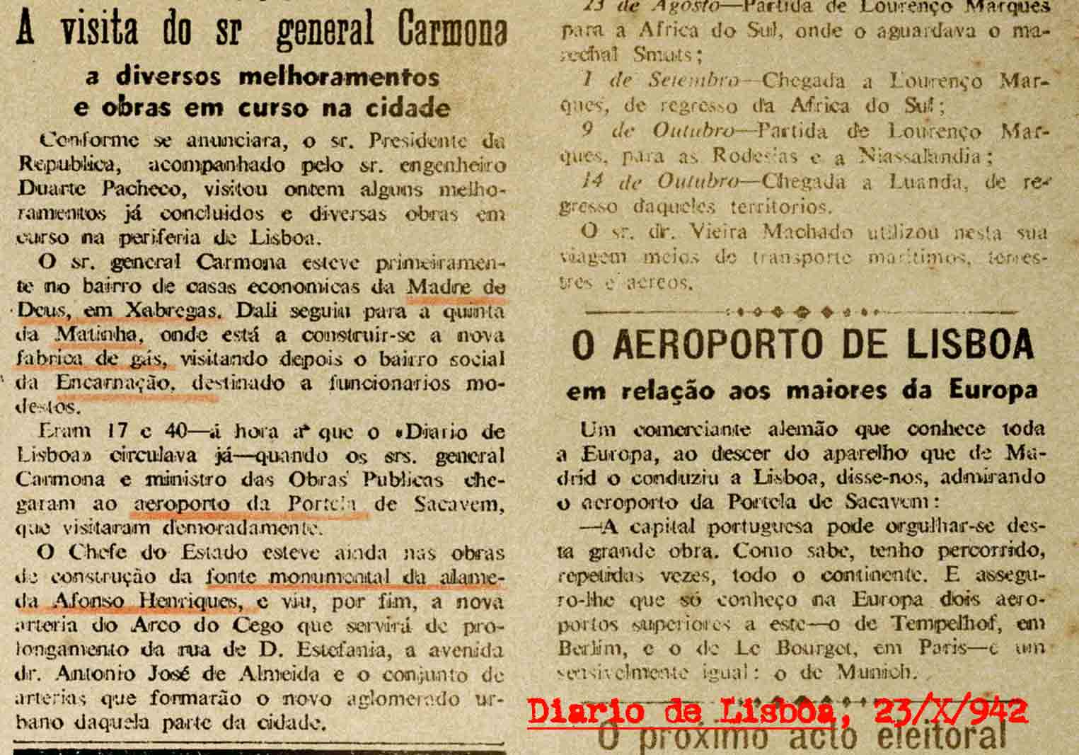 «A visita do sr. general Carmona a diversos melhoramentos em curso na cidade», Diario de Lisbôa, 23/X/942.