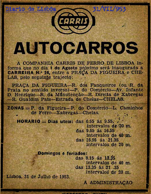 Carris, Autocarros (inauguração da carreira 24, entre a Praça da Figueira e Chelas), «Diario de Lisbôa», 31/VII/953