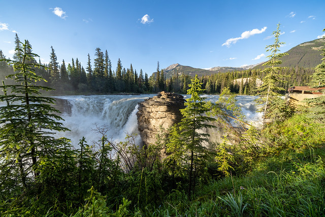 Fisheye lens wide angle view of Athabasca Falls in Jasper National Park Canada