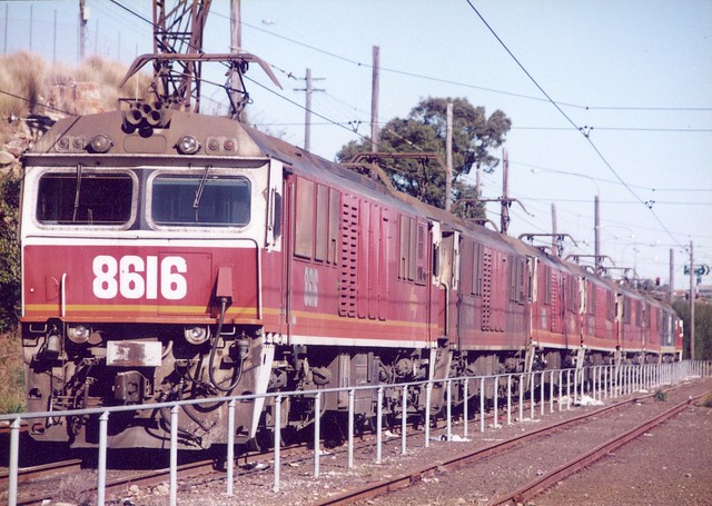 8616_rozelle - 8616 on a long string of electric locos waiting their next roster duty in the former grain silo sidings at Rozelle yard circa 1994
