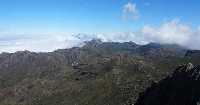 O morro do Couto (Hill of Couto) from the Summit of Pico das Agulhas Negras ('Black Needles Peak') at 2,791 m (9,157 ft) MSL, Rio de Janeiro and Minas Gerais States, Itatiaia National Park, Brazil.
