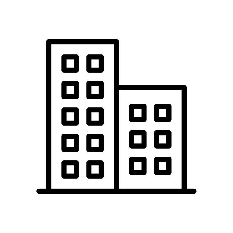 black line icon of two tall buildings