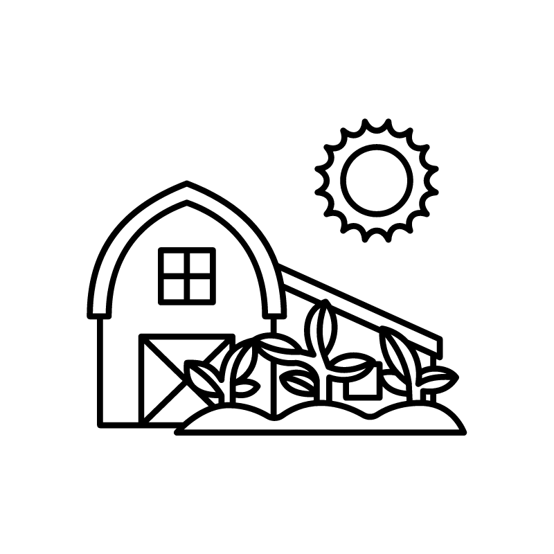 black line icon of barn and plants with the sun shining