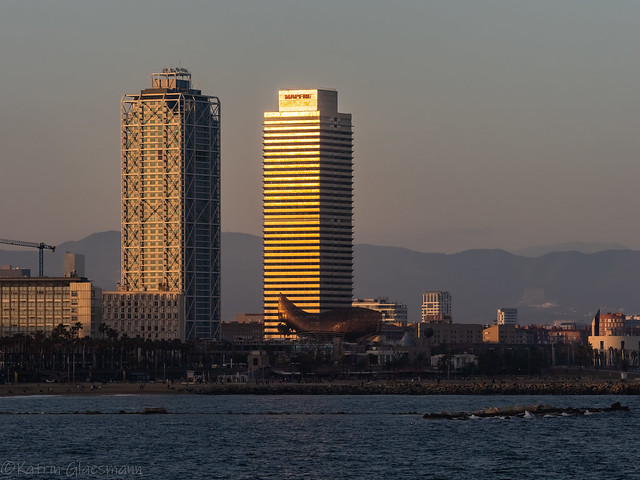 Port Olimpic with Hotel Arts, Torre Mapfre and Peix by Frank Gehry